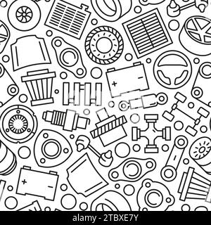 Auto spare parts pattern. Seamless print of mechanic car parts, linear texture of oil filter, timing belt, radiator and spark plug. Vector texture with vehicle components as steering wheel, engine Stock Vector