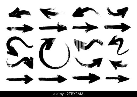 Brush stroke arrows. Rough paintbrush marks different shapes, messy paint splatter textures, hand drawn graffiti pointers. Vector isolated set of arrow brush grunge illustration Stock Vector