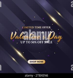 Valentine's day sale banner with gold text and glowing effect on blue gradient background Stock Vector