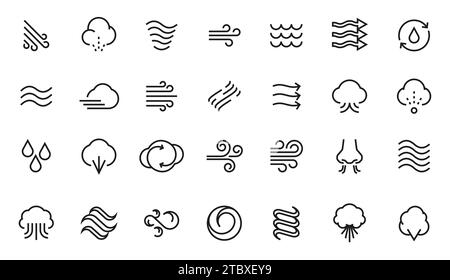 Wind icons. Thin tornado stream line blizzard hurricane zephyr wind elements, flat abstract swirls and flow for logo design. Vector isolated set of sw Stock Vector