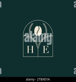 HE Unique and simple logo design combination of letters and coffee bean Stock Vector