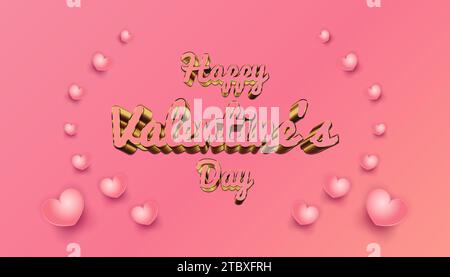 Happy Valentine's Day lettering, with pink and gold 3d text, and realistic heart on pink background. Holiday gift card Stock Vector