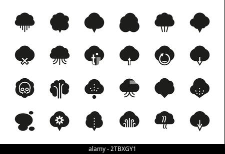 Black vapour icons. Outline toxic smoke and steam trail pictograms, steam and fog sign, bad breath, smog odour warning sign. Vector isolated set of st Stock Vector