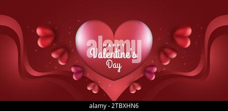 Happy Valentine's Day banner with red hearts and glowing light on red paper cut background. Holiday gift card Stock Vector