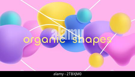 Plastic shapes background. Abstract colorful geometric shapes of different sizes, paint bubble, liquid and gas blobs. Vector modern morphing graphic s Stock Vector