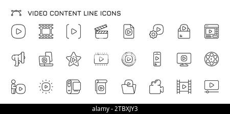 Video content line icons. Web streaming, online video, mobile phone and tablet app multimedia, camera and editing. Vector set. Different gadgets for m Stock Vector