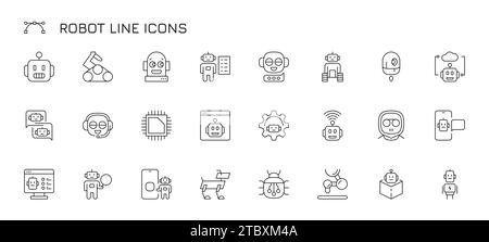 Robot line icons. Outline AI chatbot and mechanical characters related pictograms, futuristic artificial intelligence and robot technology. Vector iso Stock Vector