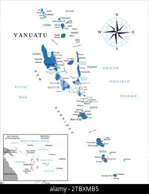 Highly detailed political vector map of Vanuatu with administrative regions and main cities. Stock Vector