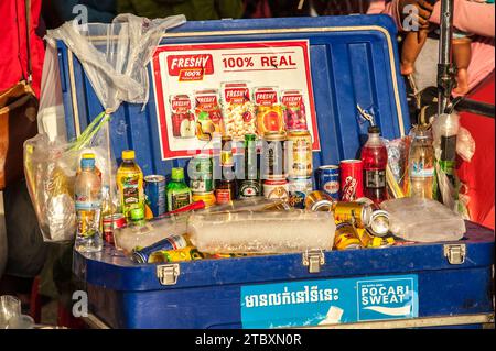 Ice cold beer, juice, tea, energy drinks & soft drinks sold on the riverside during The Cambodian Water Festival, Phnom Penh, Cambodia. © Kraig Lieb Stock Photo