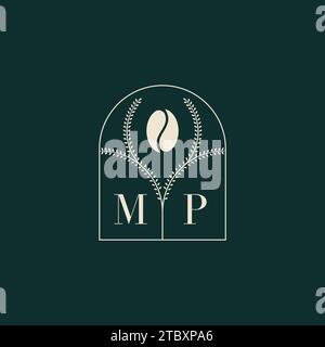 MP Unique and simple logo design combination of letters and coffee bean Stock Vector