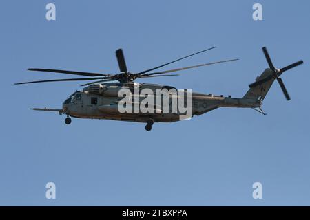 A Sikorsky CH53E Super Stallion Helicopter with the USMC Marine Heavy Helicopter Squadron 361 (HMH-361) known as the Flying Tigers Stock Photo