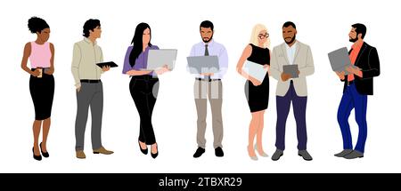 Set of Business people using gadgets vector. Stock Vector