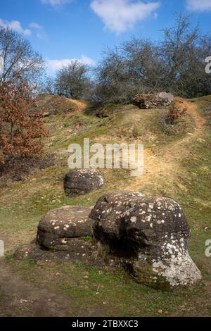 Old doggers (rocks) in a disused sand quarry, Oxfordshire Stock Photo