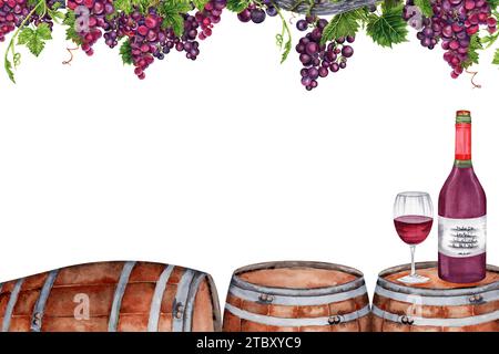 Postcard design with wine glass and bottle on top of wooden barrel under bunches of grapes with green leaves on vine branch. Watercolor Illustration Stock Photo