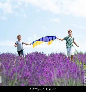 Ivano-Frankivsk, Ukraine August 6, 2023: two boys run on a lavender field with the flag of Ukraine in their hands, children are patriots of their coun Stock Photo