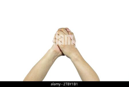 Hands clasped. Man's hand gesture isolated on white background Stock Photo