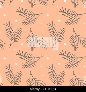 Winter christmas pattern with fir juniper branches on background color trend 2024 Peach fuzz 13-1023. Vector illustration Stock Vector