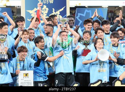 Tokyo, Japan. 9th Dec, 2023. Brazilian midfielder Joao Schmidt of Kawasaki Frontale raises the Emperor's Cup to celebrate the victory of the Emperor's Cup final at Japan's national stadiu in Tokyo on Saturday, December 9, 2023. Kawasaki Friontale defeated Kashiwa Reysol by penalty shootout 0-0 (8-7). (photo by Yoshio Tsunoda/AFLO) Stock Photo