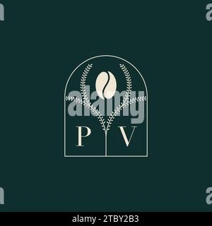 PV Unique and simple logo design combination of letters and coffee bean Stock Vector