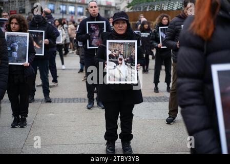 Madrid, Spain. 09th Dec, 2023. Dozens of people hold photographs of animals during a demonstration for International Animal Rights Day at Puerta del Sol, on December 9, 2023, in Madrid, Spain. (Photo by Oscar Gonzalez/Sipa USA) (Photo by Oscar Gonzalez/Sipa USA) Credit: Sipa USA/Alamy Live News Stock Photo