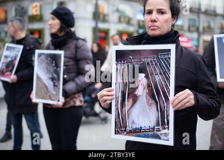 Madrid, Spain. 09th Dec, 2023. Dozens of people hold photographs of animals during a demonstration for International Animal Rights Day at Puerta del Sol, on December 9, 2023, in Madrid, Spain. (Photo by Oscar Gonzalez/Sipa USA) (Photo by Oscar Gonzalez/Sipa USA) Credit: Sipa USA/Alamy Live News Stock Photo