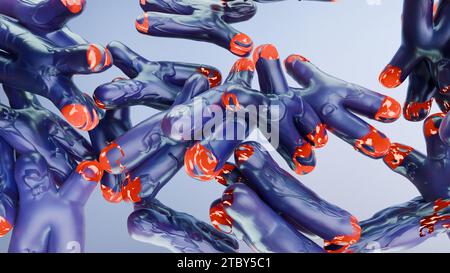 Human chromosome under microscope, genome sequence. Molecular biology, DNA molecules, floating Chromosomes with highlighted telomeres, genetic code, G Stock Photo