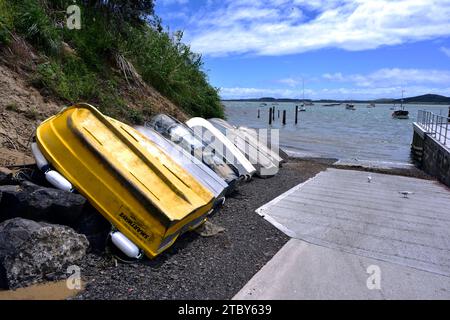 Te Hiku Ward, New Zealand - 8th November 2022: Dinghies in the shushine Stock Photo