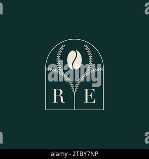 RE Unique and simple logo design combination of letters and coffee bean Stock Vector