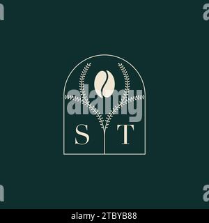 ST Unique and simple logo design combination of letters and coffee bean Stock Vector