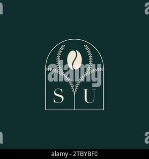 SU Unique and simple logo design combination of letters and coffee bean Stock Vector