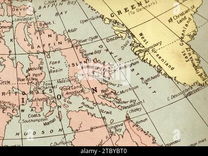 A vintage/antique political map in sepia showing Canada and Greenland. Stock Photo