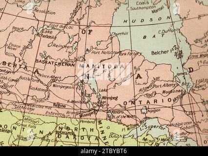 A vintage/antique political map in sepia showing Canada and Hudson Bay. Stock Photo
