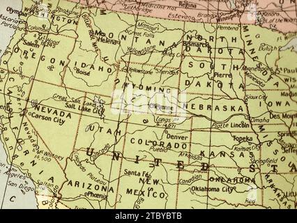 A vintage/antique political map in sepia showing central USA. Stock Photo