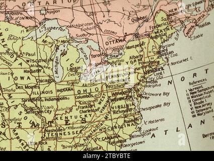 A vintage/antique political map in sepia showing eastern USA. Stock Photo