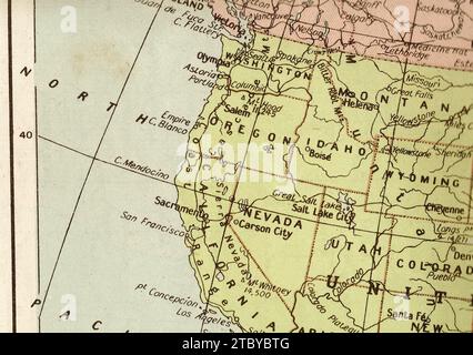 A vintage/antique political map in sepia showing western USA. Stock Photo