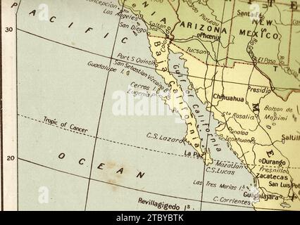 A vintage/antique political map in sepia showing California, USA. Stock Photo