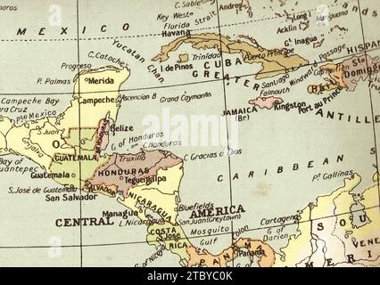 A vintage/antique political map in sepia showing Central America and the Caribbean Sea. Stock Photo