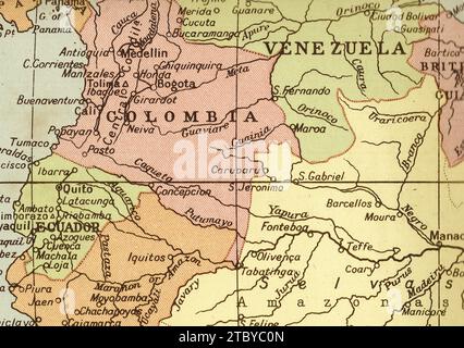 A vintage/antique political map in sepia showing Colombia and Venezuela. Stock Photo