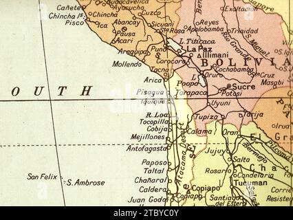 A vintage/antique political map in sepia showing Bolivia. Stock Photo