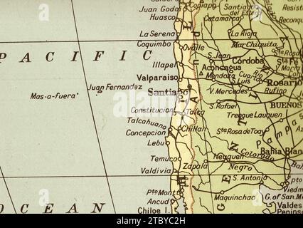 A vintage/antique political map in sepia showing Chile and Santiago. Stock Photo