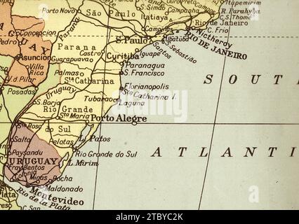 A vintage/antique political map in sepia showing Brazil and Uruguay. Stock Photo