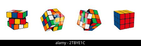 Rubik cube. Puzzle toy. Play mind game. Random combinations. Entertainment of difficult solved problems. Intelligence concept. Color square block shap Stock Vector