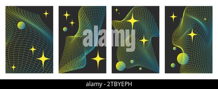 Brutalist abstract Geometric Gradient Grids, Spheres and Stars. Primitive Retrofuturism Poster set. Wireframe Perspective Landscape in Neon Green Colors. Polygonal 3d Surface, Vector Illustration. Stock Vector