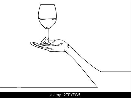 Continuous line drawing of hand holding glass. Template for your design. illustration. Stock Vector