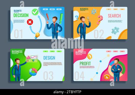 Business development landing page. Presentation infographic. Project research banner. Corporate slide 3D design. People making work decisions. Profit Stock Vector