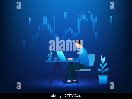 A young businessman sits and works on a table and has a laptop. On the back is a stock graph. It shows working to make the business grow and make a pr Stock Vector