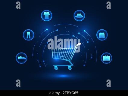E-commerce industry Setting up an online store via the Internet or an application does not require a storefront. Shopping cart and clothes shoes, icon Stock Vector