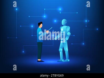 Artificial intelligence technology Engineer checking data on a robot that uses the AI system Showing the use of AI technology with humans to help in w Stock Vector