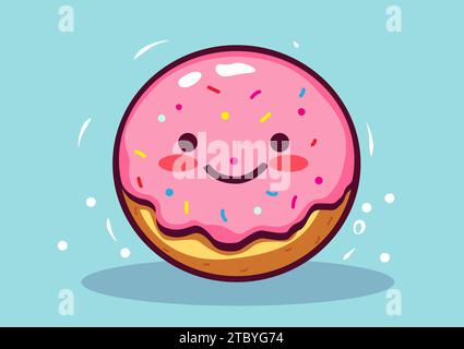 Pink donut with a bright smile decorated with multi-colored sugar flakes Vector donut art cartoon illustration used as a print template. Suitable for Stock Vector