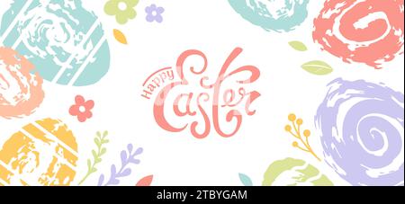 Bright horizontal vector banner colorful Easter chocolate eggs in abstract style. Grunge textures. For advertising banner, website, poster, sale flyer Stock Vector